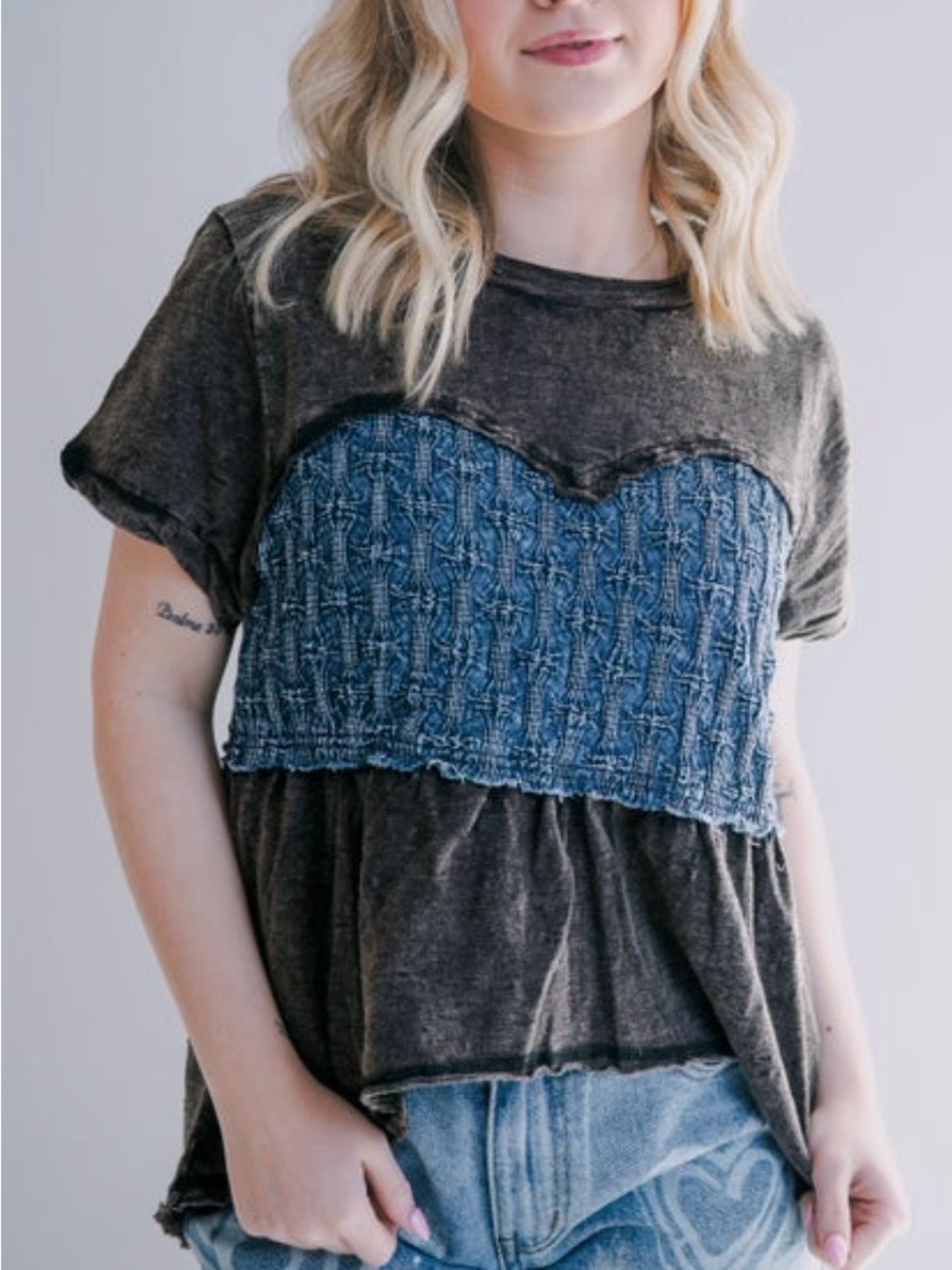 Oli & Hali Black Tee with Blue Denim Appliqué